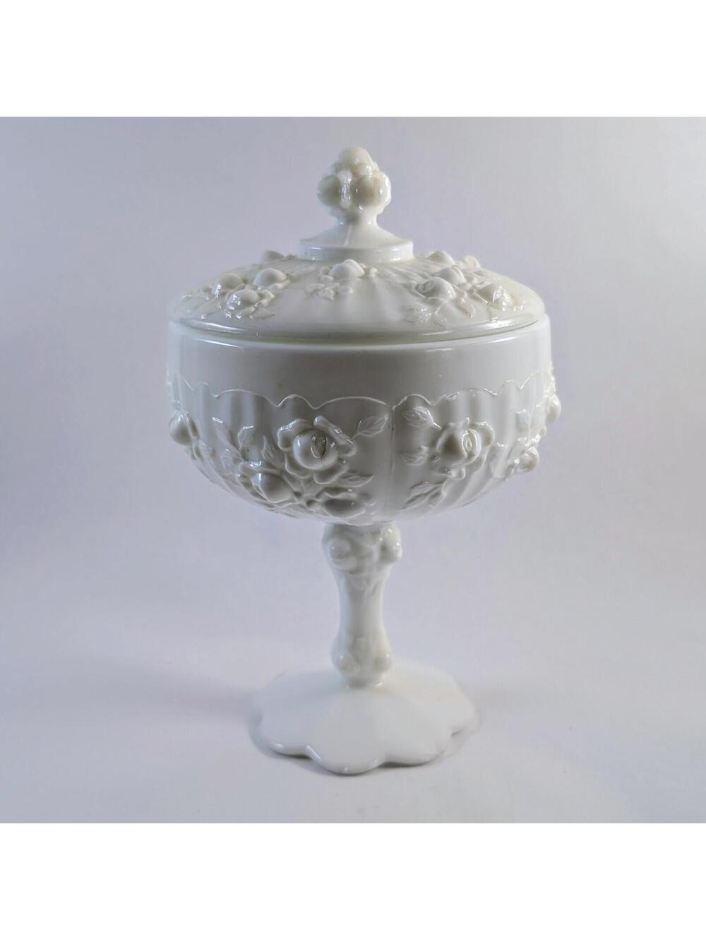 Fenton Cabbage Rose Milk Glass Pedestal Candy Dish Lidded